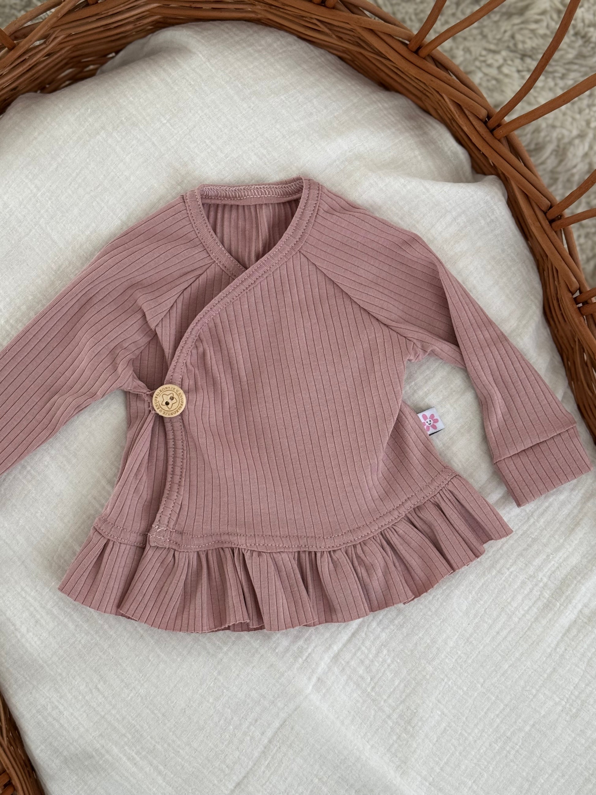 Overslagshirt ruffle jersey rib - roze - For Your Little Cutie
